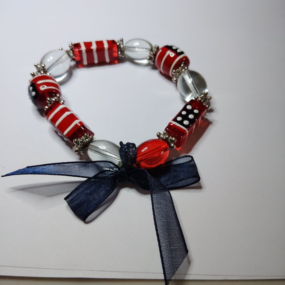 Fiona Hand Painted Flag Glass Bead Stretch Bracelet USA Patriotic Theme